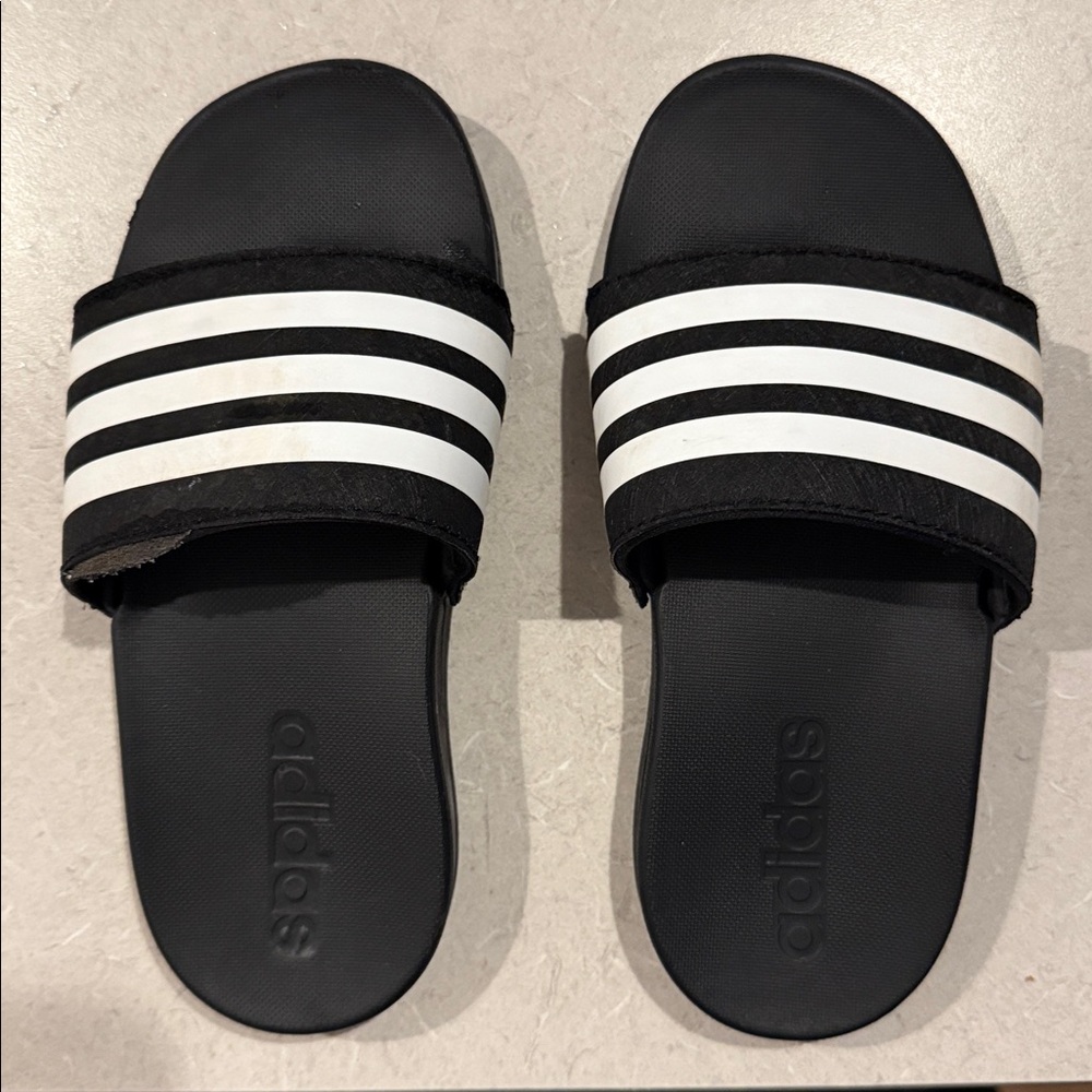 Adidas Black Slides with White Stripes